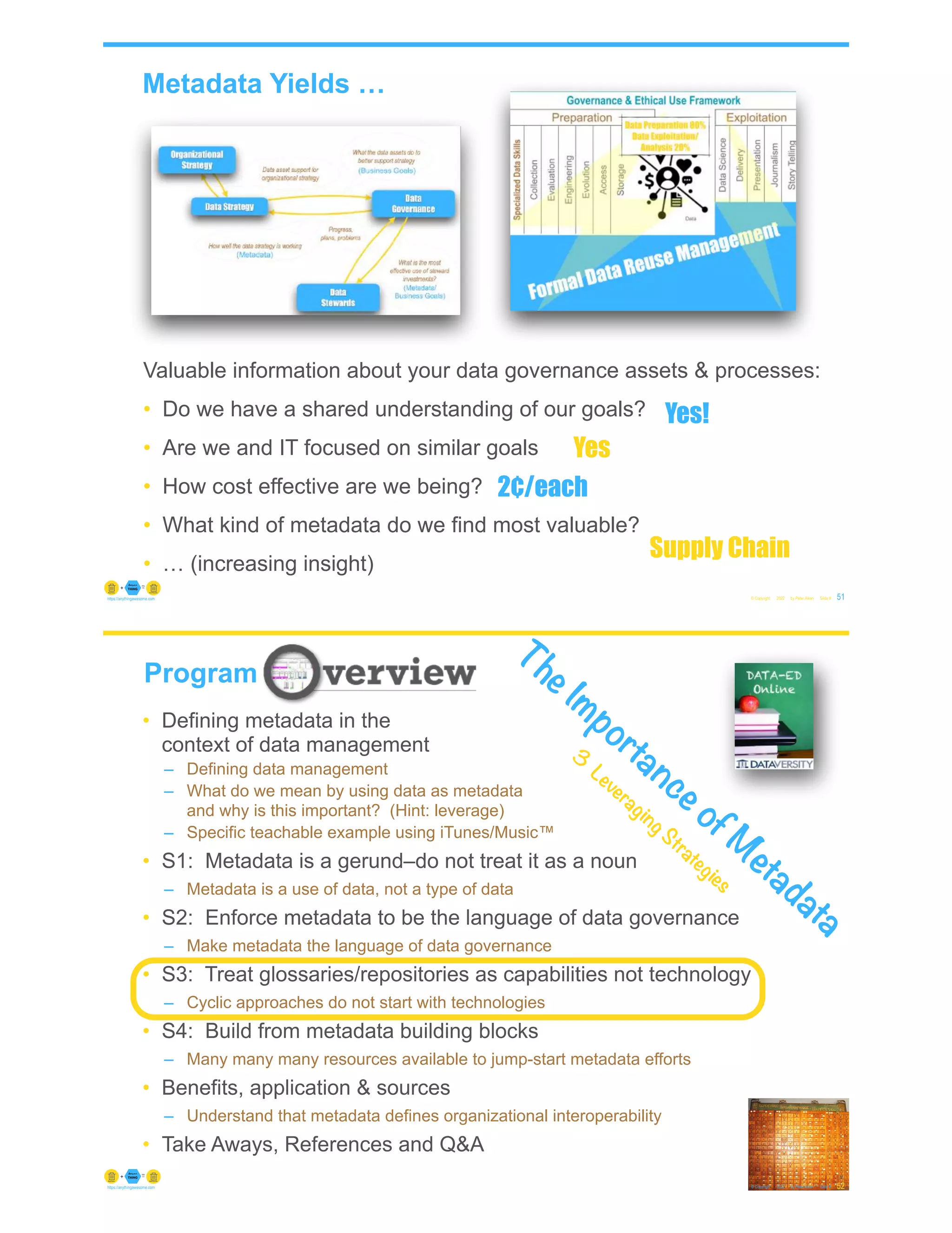 Metadata Yields …
© Copyright 2022 by Peter Aiken Slide # 51
https://anythingawesome.com
Valuable information about your data governance assets & processes:
• Do we have a shared understanding of our goals?
• Are we and IT focused on similar goals
• How cost effective are we being?
• What kind of metadata do we find most valuable?
• … (increasing insight)
Yes!
Yes
2¢/each
Supply Chain
© Copyright 2022 by Peter Aiken Slide #
https://anythingawesome.com
Program
52
• Defining metadata in the
context of data management
– Defining data management
– What do we mean by using data as metadata
and why is this important? (Hint: leverage)
– Specific teachable example using iTunes/Music™
• S1: Metadata is a gerund–do not treat it as a noun
– Metadata is a use of data, not a type of data
• S2: Enforce metadata to be the language of data governance
– Make metadata the language of data governance
• S3: Treat glossaries/repositories as capabilities not technology
– Cyclic approaches do not start with technologies
• S4: Build from metadata building blocks
– Many many many resources available to jump-start metadata efforts
• Benefits, application & sources
– Understand that metadata defines organizational interoperability
• Take Aways, References and Q&A
The Importance of M
etadata
3
Leveraging Strategies
 