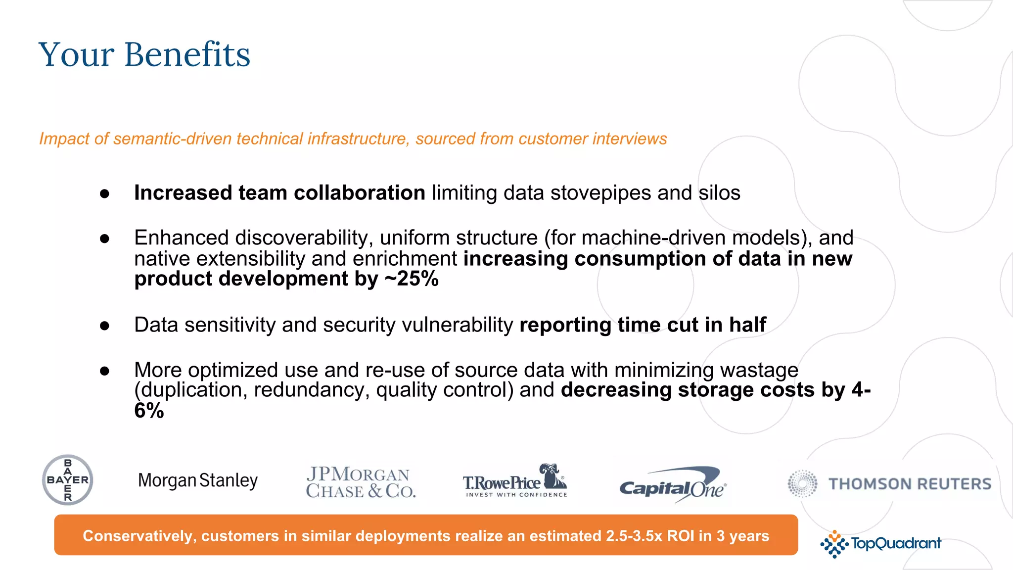 Your Benefits
● Increased team collaboration limiting data stovepipes and silos
● Enhanced discoverability, uniform structure (for machine-driven models), and
native extensibility and enrichment increasing consumption of data in new
product development by ~25%
● Data sensitivity and security vulnerability reporting time cut in half
● More optimized use and re-use of source data with minimizing wastage
(duplication, redundancy, quality control) and decreasing storage costs by 4-
6%
Conservatively, customers in similar deployments realize an estimated 2.5-3.5x ROI in 3 years
Impact of semantic-driven technical infrastructure, sourced from customer interviews
 