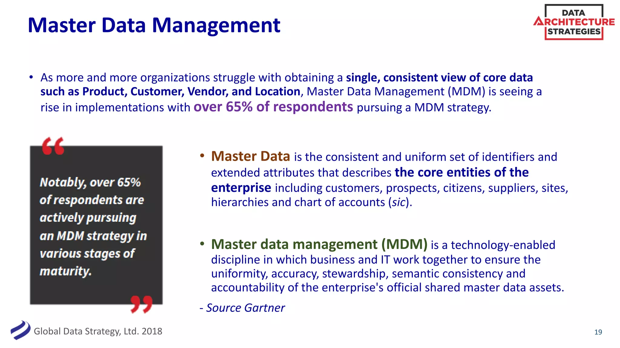 Global Data Strategy, Ltd. 2018
Master Data Management
• As more and more organizations struggle with obtaining a single, consistent view of core data
such as Product, Customer, Vendor, and Location, Master Data Management (MDM) is seeing a
rise in implementations with over 65% of respondents pursuing a MDM strategy.
19
• Master Data is the consistent and uniform set of identifiers and
extended attributes that describes the core entities of the
enterprise including customers, prospects, citizens, suppliers, sites,
hierarchies and chart of accounts (sic).
• Master data management (MDM) is a technology-enabled
discipline in which business and IT work together to ensure the
uniformity, accuracy, stewardship, semantic consistency and
accountability of the enterprise's official shared master data assets.
- Source Gartner
 
