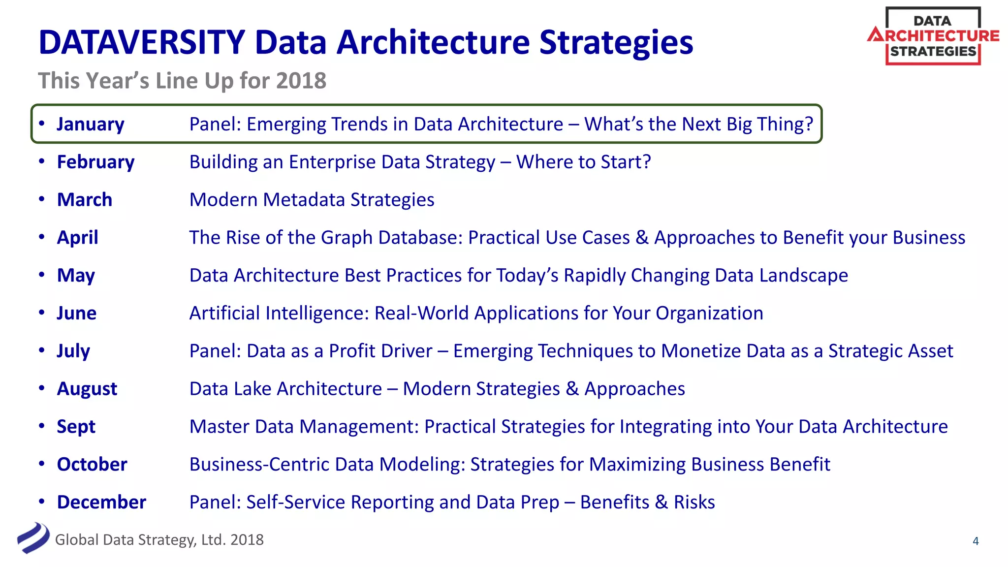 Global Data Strategy, Ltd. 2018
DATAVERSITY Data Architecture Strategies
• January Panel: Emerging Trends in Data Architecture – What’s the Next Big Thing?
• February Building an Enterprise Data Strategy – Where to Start?
• March Modern Metadata Strategies
• April The Rise of the Graph Database: Practical Use Cases & Approaches to Benefit your Business
• May Data Architecture Best Practices for Today’s Rapidly Changing Data Landscape
• June Artificial Intelligence: Real-World Applications for Your Organization
• July Panel: Data as a Profit Driver – Emerging Techniques to Monetize Data as a Strategic Asset
• August Data Lake Architecture – Modern Strategies & Approaches
• Sept Master Data Management: Practical Strategies for Integrating into Your Data Architecture
• October Business-Centric Data Modeling: Strategies for Maximizing Business Benefit
• December Panel: Self-Service Reporting and Data Prep – Benefits & Risks
4
This Year’s Line Up for 2018
 