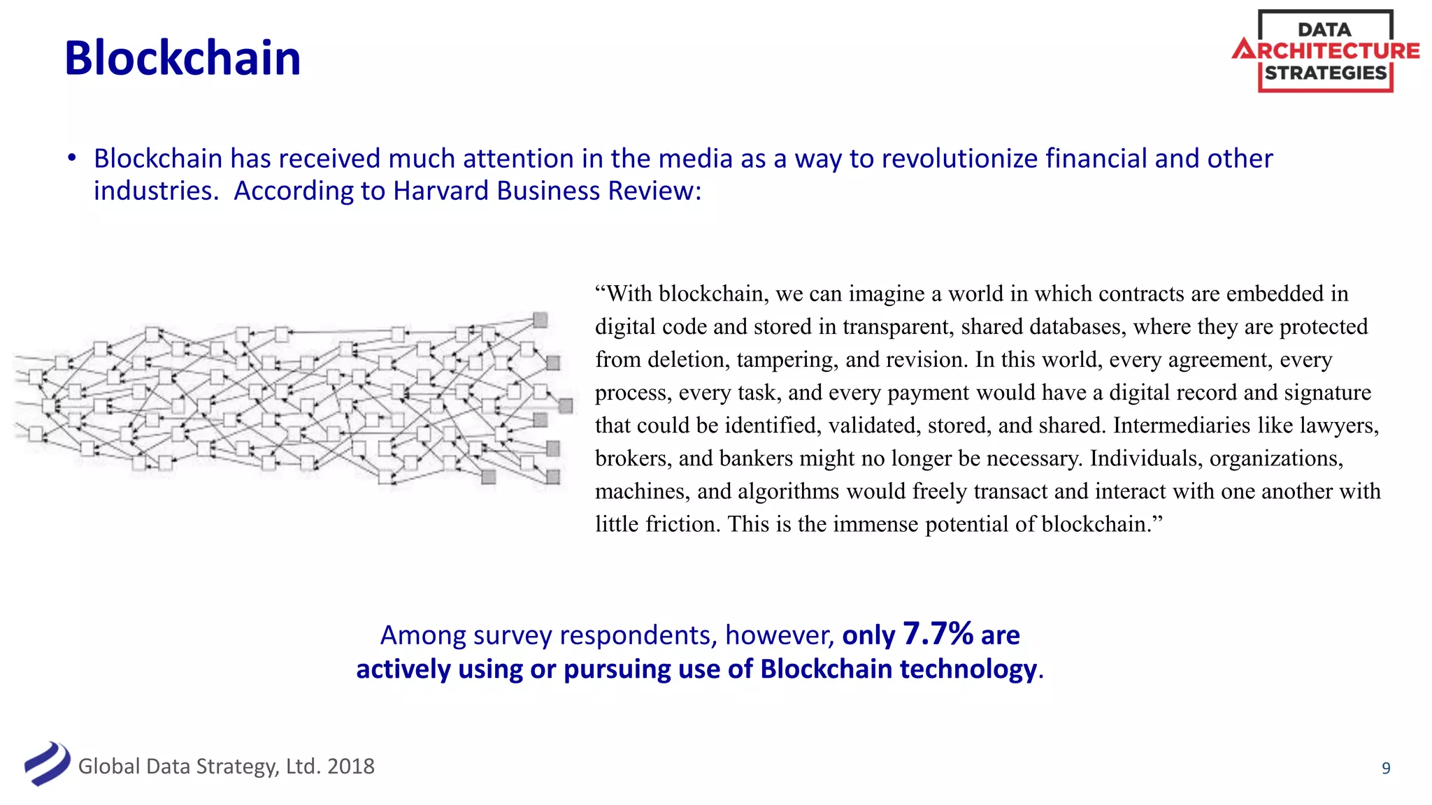 Global Data Strategy, Ltd. 2018
Blockchain
• Blockchain has received much attention in the media as a way to revolutionize financial and other
industries. According to Harvard Business Review:
9
Among survey respondents, however, only 7.7% are
actively using or pursuing use of Blockchain technology.
“With blockchain, we can imagine a world in which contracts are embedded in
digital code and stored in transparent, shared databases, where they are protected
from deletion, tampering, and revision. In this world, every agreement, every
process, every task, and every payment would have a digital record and signature
that could be identified, validated, stored, and shared. Intermediaries like lawyers,
brokers, and bankers might no longer be necessary. Individuals, organizations,
machines, and algorithms would freely transact and interact with one another with
little friction. This is the immense potential of blockchain.”
 