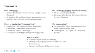 datadotworld data.world
Takeaways
What is the scope?
● Identify the Domains. You are already doing the work,
they exist!
● Depends on the problems that are a priority to solve:
Analytics, Data Platform, Enterprise Resources
Who are the stakeholders of your data catalog?
● Always need Data Leadership
● Consumers, Producers, Governance, Privacy,
Security, Platforms
Where to Standardize/Productize Data?
● Data Product ABCs: Accountability, Boundaries,
Contracts & Expectations, Downstream
Consumers, Explicit Knowledge
● Consumption, Data Mgmt, Data Producing Systems
Who is responsible?
● Accountability: Owner, Requirements, Who
Fixes, Roadmap, Expertises
● Consumption, Data Mgmt, Data Producing
Systems
How to be agile?
● Empowering the usage of data safely.
● Develop a backlog of questions based on end user
business value
● Sprints, Peer Review, Collaborate, Iterate
The Cloud-Native Data Catalog
 