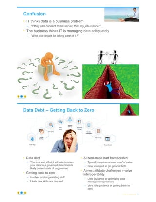 Confusion
• IT thinks data is a business problem
– "If they can connect to the server, then my job is done!"
• The business thinks IT is managing data adequately
– "Who else would be taking care of it?"
© Copyright 2021 by Peter Aiken Slide # 8
https://anythingawesome.com
Data Debt – Getting Back to Zero
• Data debt
– The time and effort it will take to return
your data to a governed state from its
likely current state of ungoverned
• Getting back to zero
– Involves undoing existing stuff
– Likely new skills are required
• At zero-must start from scratch
– Typically requires annual proof of value
– Now you need to get good at both
• Almost all data challenges involve
interoperability
– Little guidance at optimizing data
management practices
– Very little guidance at getting back to
zero
© Copyright 2021 by Peter Aiken Slide # 9
https://anythingawesome.com
 