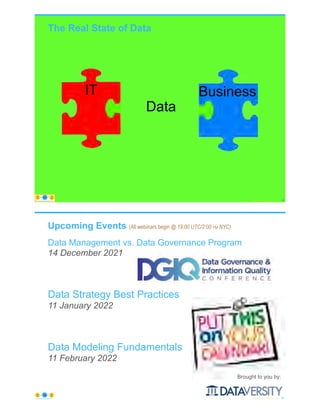 The Real State of Data
© Copyright 2021 by Peter Aiken Slide # 82
https://anythingawesome.com
Data
IT Business
https://plusanythingawesome.com
Upcoming Events (All webinars begin @ 19:00 UTC/2:00 PM NYC)
Data Management vs. Data Governance Program
14 December 2021
Data Strategy Best Practices
11 January 2022
Data Modeling Fundamentals
11 February 2022
© Copyright 2021 by Peter Aiken Slide # 83
https://anythingawesome.com
Brought to you by:
 