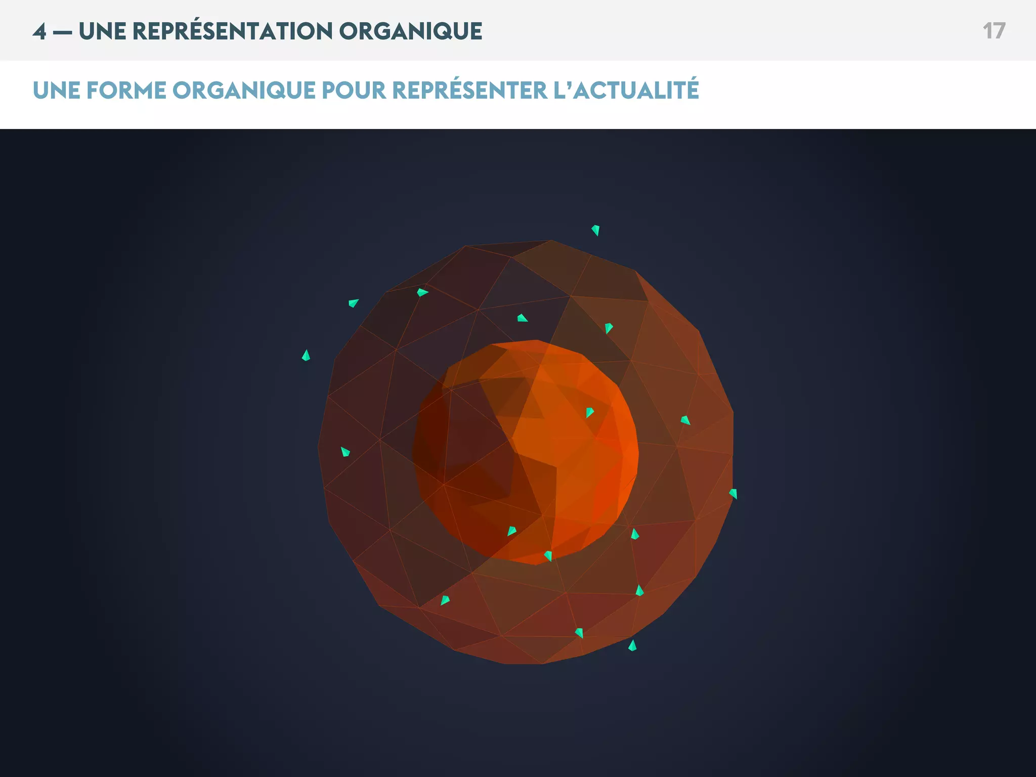 4 — UNE REPRÉSENTATION ORGANIQUE 17
UNE FORME ORGANIQUE POUR REPRÉSENTER L’ACTUALITÉ
 
