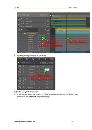 CG-500 Quick Guide 
Datavideo Technologies Co., Ltd. 30 
2. Imput keyframe parameters in Effect Tab. 
Method3: Apply Effect Template 
1. In edit Screen select the object. In Effect properties tab click on “In” button, then double-click the “Intersect” template to apply it.  