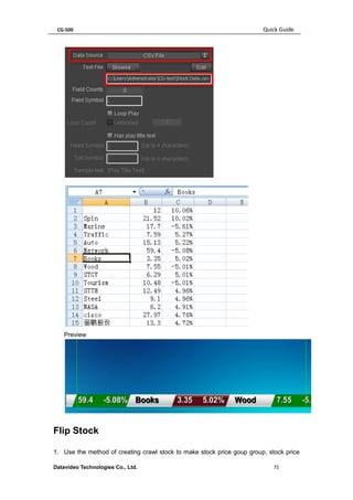 CG-500 Quick Guide 
Datavideo Technologies Co., Ltd. 75 
Preview 
Flip Stock 
1. Use the method of creating crawl stock to make stock price goup group, stock price  