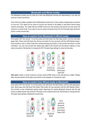 19 
Bluetooth and Wired modes 
The Bluetooth remote can be used as a wire free Bluetooth remote and alternatively it can also be used as a wired remote too. 
One of the two cables supplied with the Bluetooth remote has a 3.5mm stereo headset jack connector on one end. This cable can be used to connect the remote to the tablet or cell phone device being used for prompting. The cable will carry DTMF tones from the remote to the device but only when the remote is in wired mode. If you plan to use the wired connection then the DV Prompter App should be set for a wired remote also. 
How to switch from Bluetooth to Wired mode 
First switch OFF the remote. To do this press and hold down the Red Stop button until the LED light glows Red. Press and hold down the Arrows Up button for two seconds until the LED flashes Green. If the remote is now in wired mode then quickly pressing any button on the remote will result in a Red LED flash. You can now connect the stereo jack cable to the remote and the device making it a true wired connection. Remember to change the DV Prompter App settings to wired remote also. 
Red Button 
Switch Off 
Off 
Arrows Up 
Wired Mode 
Any button 
press gives Red LED 
iOS users: When in wired mode the remote sends DTMF tones to the cell phone or tablet. Please allow the permission for the App and remote to use headset or microphone input. 
How to switch from Wired mode to Bluetooth 
First switch OFF the remote. To do this press and hold down the Red button until the LED light glows Red. Next press and hold down the Green Play button for two seconds until the LED flashes Green. The remote is now in Bluetooth pairing mode. Searching for nearby Bluetooth devices with the cell phone or tablet should now show DV Prompter in the external items list. Remember to change the DV Prompter App settings to Bluetooth remote also. 
Red Button 
Switch Off 
Off 
Bluetooth 
Mode 
Once paired by Bluetooth 
any button 
press gives Green LED  