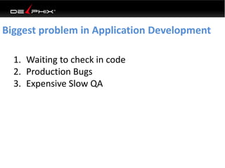1. Waiting to check in code
2. Production Bugs
3. Expensive Slow QA
Biggest problem in Application Development
 