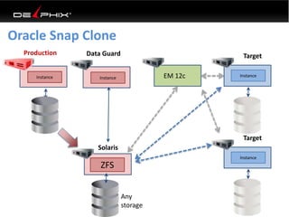 Oracle Snap Clone
Production
InstanceInstanceInstance EM 12c
Solaris
ZFS
Instance
TargetData Guard
Instance
Instance
Target
Any
storage
 