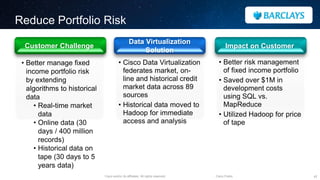 Cisco and/or its affiliates. All rights reserved. Cisco Public
Reduce Portfolio Risk
17
• Cisco Data Virtualization
federates market, on-
line and historical credit
market data across 89
sources
• Historical data moved to
Hadoop for immediate
access and analysis
• Better manage fixed
income portfolio risk
by extending
algorithms to historical
data
• Real-time market
data
• Online data (30
days / 400 million
records)
• Historical data on
tape (30 days to 5
years data)
Data Virtualization
Solution
Impact on CustomerCustomer Challenge
• Better risk management
of fixed income portfolio
• Saved over $1M in
development costs
using SQL vs.
MapReduce
• Utilized Hadoop for price
of tape
 