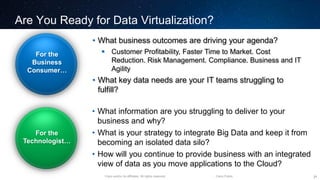 Cisco and/or its affiliates. All rights reserved. Cisco Public
Are You Ready for Data Virtualization?
21
• What information are you struggling to deliver to your
business and why?
• What is your strategy to integrate Big Data and keep it from
becoming an isolated data silo?
• How will you continue to provide business with an integrated
view of data as you move applications to the Cloud?
For the
Technologist…
For the
Business
Consumer…
• What business outcomes are driving your agenda?
 Customer Profitability, Faster Time to Market. Cost
Reduction. Risk Management. Compliance. Business and IT
Agility
• What key data needs are your IT teams struggling to
fulfill?
 