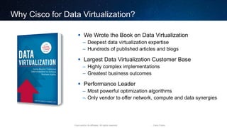 Cisco and/or its affiliates. All rights reserved. Cisco Public
Why Cisco for Data Virtualization?
For the
Business
Consumer…
 We Wrote the Book on Data Virtualization
– Deepest data virtualization expertise
– Hundreds of published articles and blogs
 Largest Data Virtualization Customer Base
– Highly complex implementations
– Greatest business outcomes
 Performance Leader
– Most powerful optimization algorithms
– Only vendor to offer network, compute and data synergies
 
