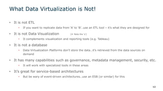 What Data Virtualization is Not!
• It is not ETL
• If you want to replicate data from ‘A’ to ‘B’…use an ETL tool – it’s what they are designed for
• It is not Data Visualization ( Note the ‘s’)
• It complements visualization and reporting tools (e.g. Tableau)
• It is not a database
• Data Virtualization Platforms don’t store the data…it’s retrieved from the data sources on
demand
• It has many capabilities such as governance, metadata management, security, etc.
• It will work with specialized tools in these areas
• It’s great for service-based architectures
• But be wary of event-driven architectures…use an ESB (or similar) for this
12
 