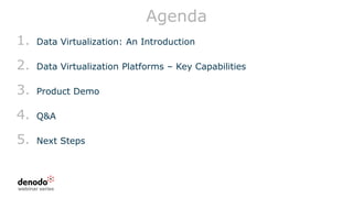 Agenda
1. Data Virtualization: An Introduction
2. Data Virtualization Platforms – Key Capabilities
3. Product Demo
4. Q&A
5. Next Steps
 