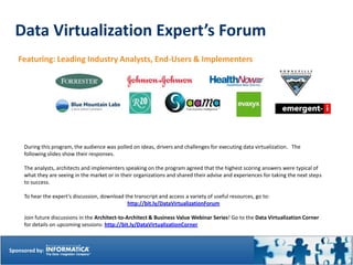 Data Virtualization Expert’s Forum
   Featuring: Leading Industry Analysts, End-Users & Implementers




     During this program, the audience was polled on ideas, drivers and challenges for executing data virtualization. The
     following slides show their responses.

     The analysts, architects and implementers speaking on the program agreed that the highest scoring answers were typical of
     what they are seeing in the market or in their organizations and shared their advise and experiences for taking the next steps
     to success.

     To hear the expert’s discussion, download the transcript and access a variety of useful resources, go to:
                                                http://bit.ly/DataVirtualizationForum

     Join future discussions in the Architect-to-Architect & Business Value Webinar Series! Go to the Data Virtualization Corner
     for details on upcoming sessions: http://bit.ly/DataVirtualizationCorner



Sponsored by:
 
