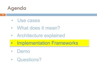 • Use cases
Agenda
14
• What does it mean?
• Implementation Frameworks
• Demo
• Questions?
• Architecture explained
 