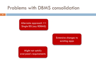 Problems with DBMS consolidation
8
Alternate approach =>
Single EIS (say RDBMS)
Extensive changes to
existing apps
Might not satisfy
everyone’s requirements
 