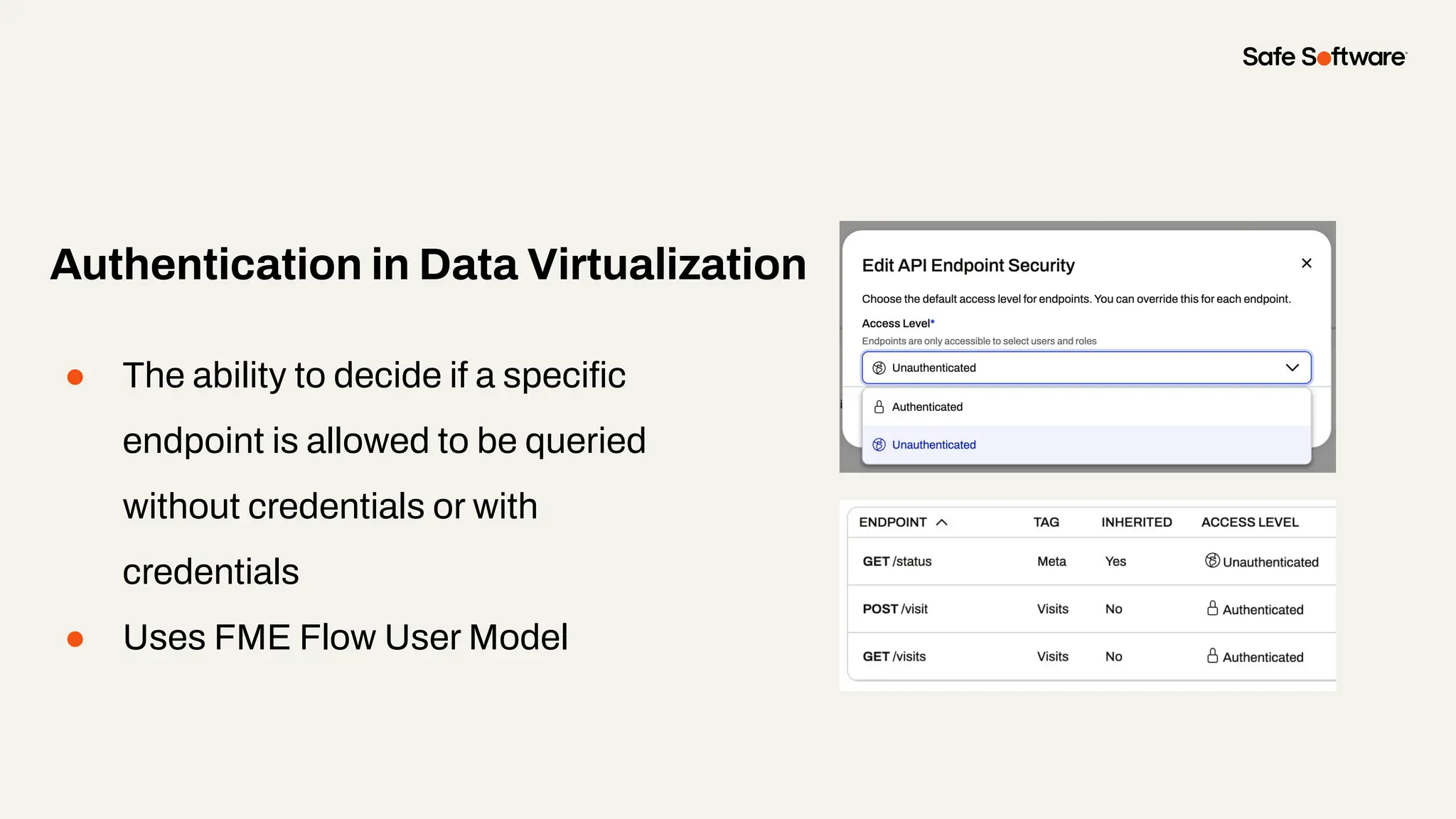 ● The ability to decide if a speciﬁc
endpoint is allowed to be queried
without credentials or with
credentials
● Uses FME Flow User Model
Authentication in Data Virtualization
 