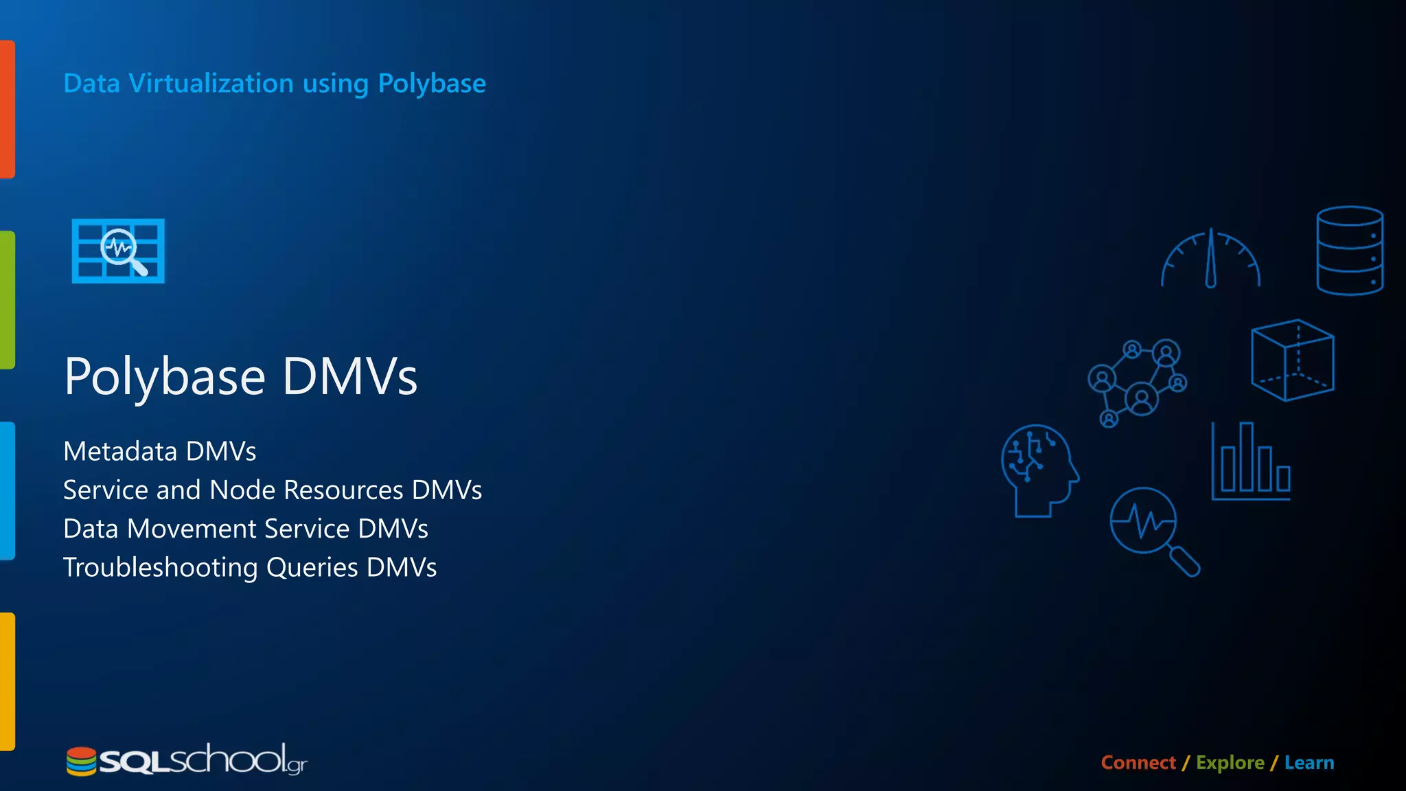 Metadata DMVs Service and Node Resources DMVs Data Movement Service DMVs Troubleshooting Queries DMVs Data Virtualization using Polybase Polybase DMVs 