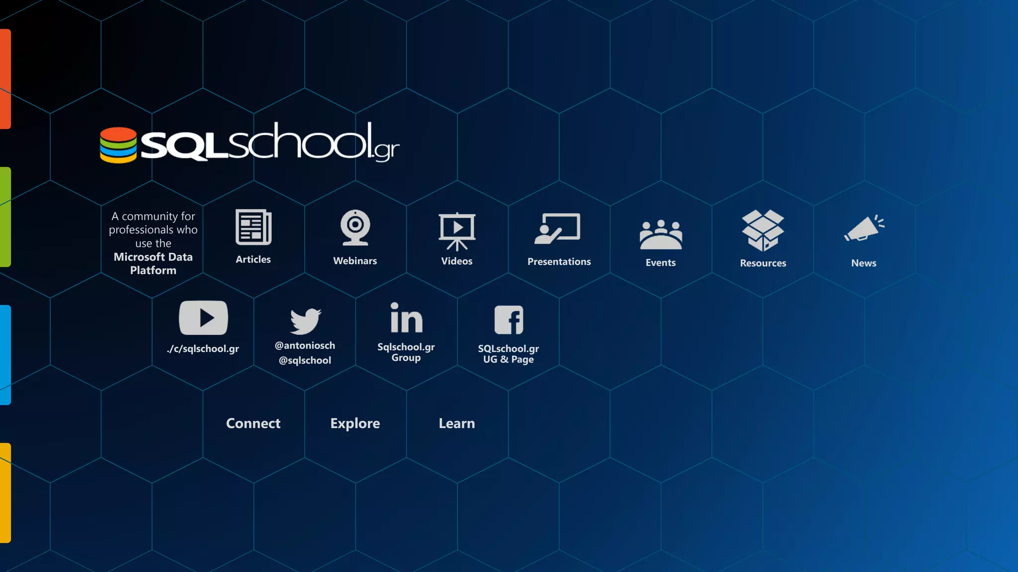 A community for professionals who use the Microsoft Data Platform Articles Webinars Videos Presentations Events Resources News ./c/sqlschool.gr Sqlschool.gr Group @antoniosch @sqlschool SQLschool.gr UG & Page Connect Explore Learn 