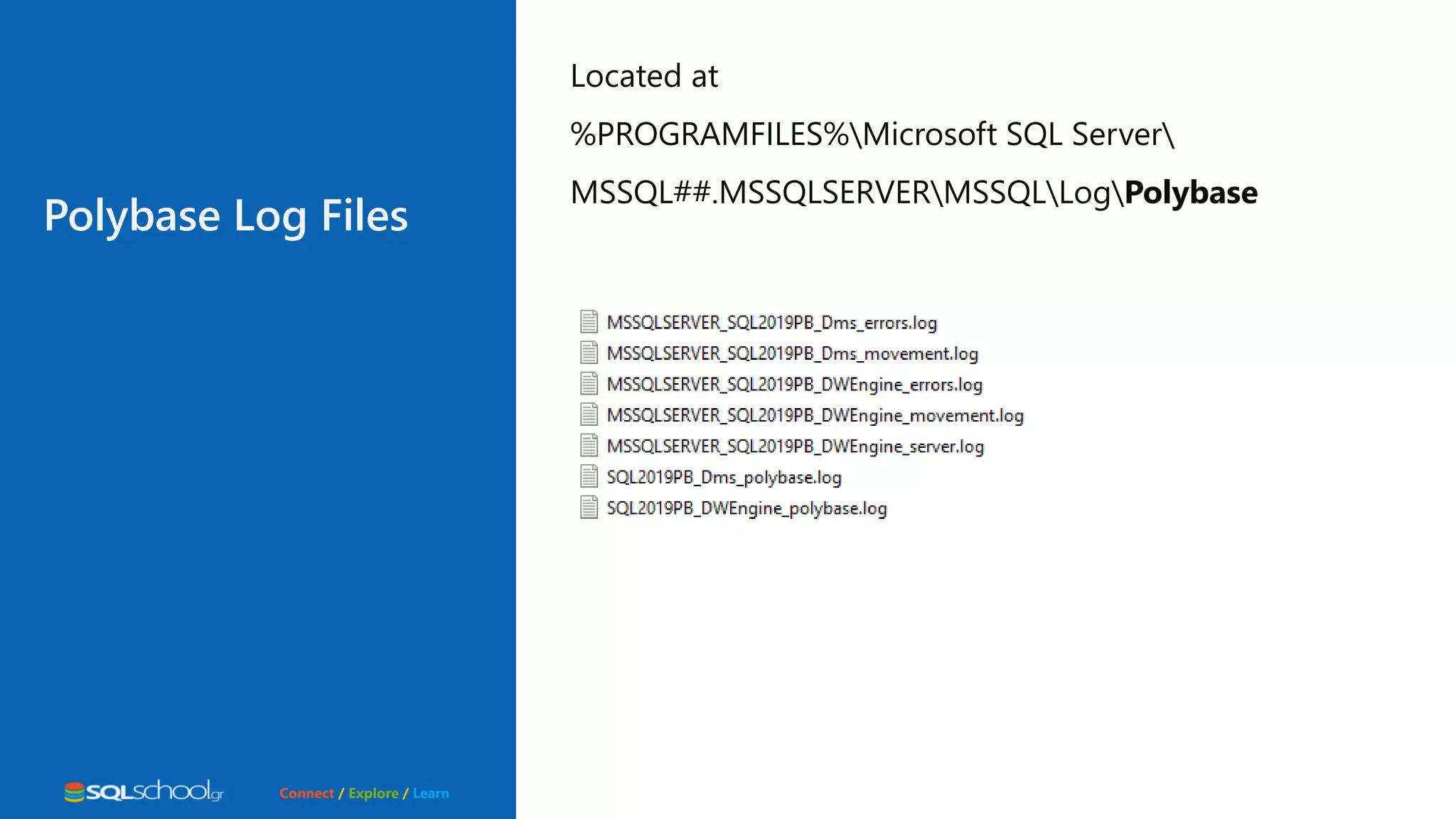 Connect / Explore / Learn Located at %PROGRAMFILES%Microsoft SQL Server MSSQL##.MSSQLSERVERMSSQLLogPolybase Polybase Log Files 