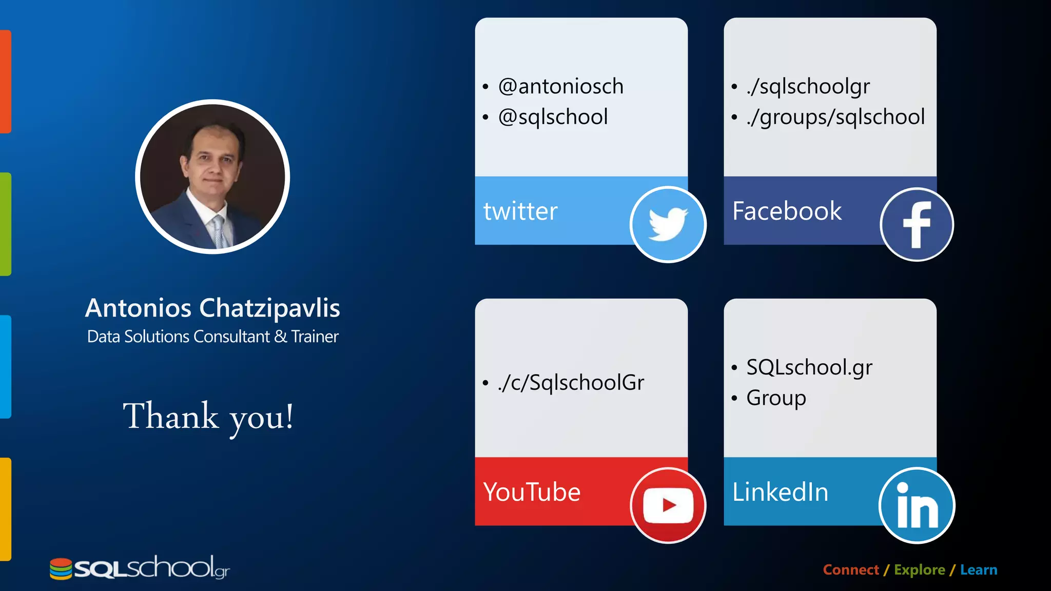 Thank you! Antonios Chatzipavlis Data Solutions Consultant & Trainer • @antoniosch • @sqlschool twitter • ./sqlschoolgr • ./groups/sqlschool Facebook • ./c/SqlschoolGr YouTube • SQLschool.gr • Group LinkedIn 