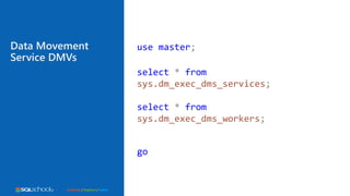 Connect / Explore / Learn
use master;
select * from
sys.dm_exec_dms_services;
select * from
sys.dm_exec_dms_workers;
go
Da...