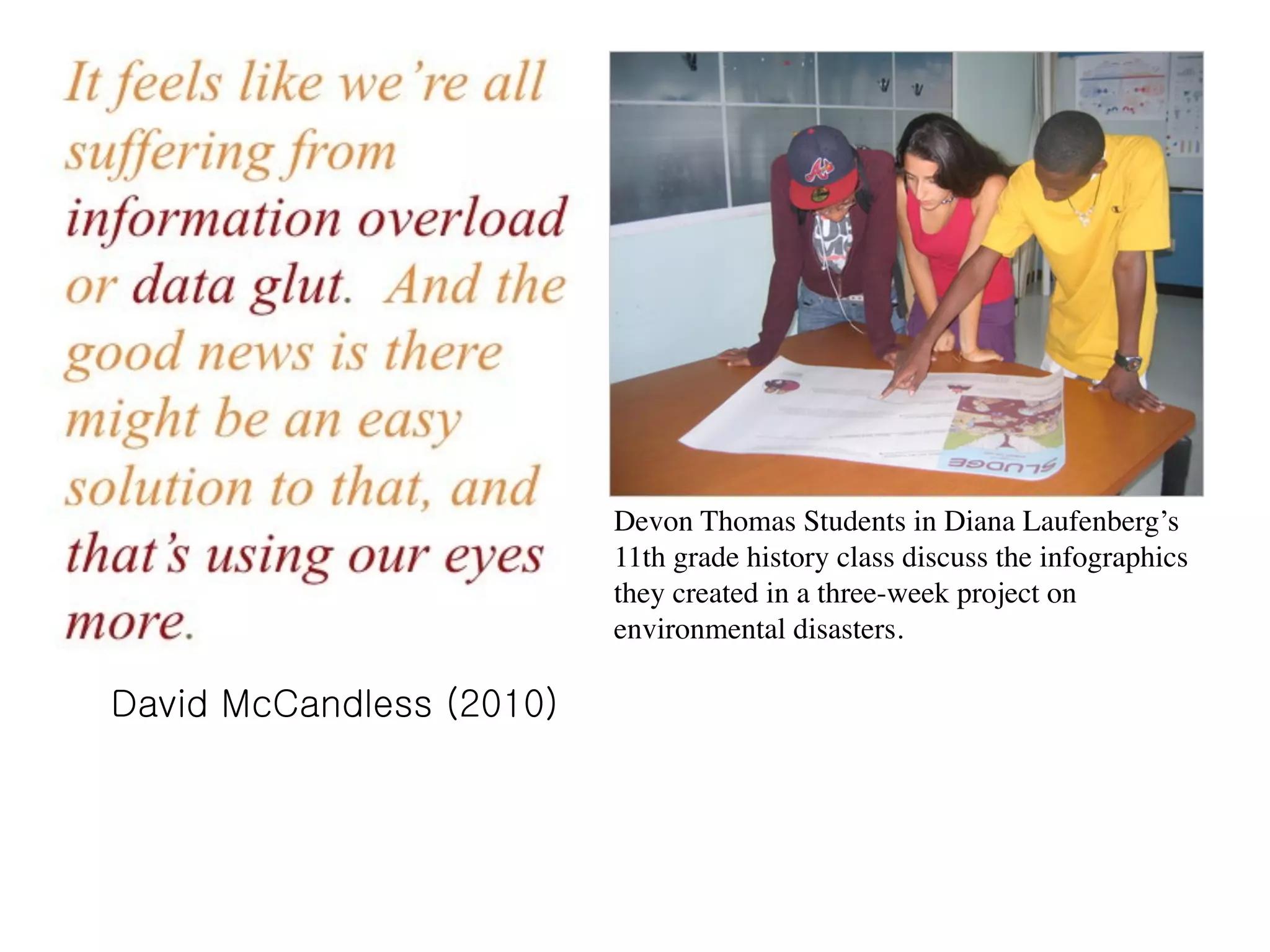 Devon Thomas Students in Diana Laufenberg’s
11th grade history class discuss the infographics
they created in a three-week project on
environmental disasters.
 