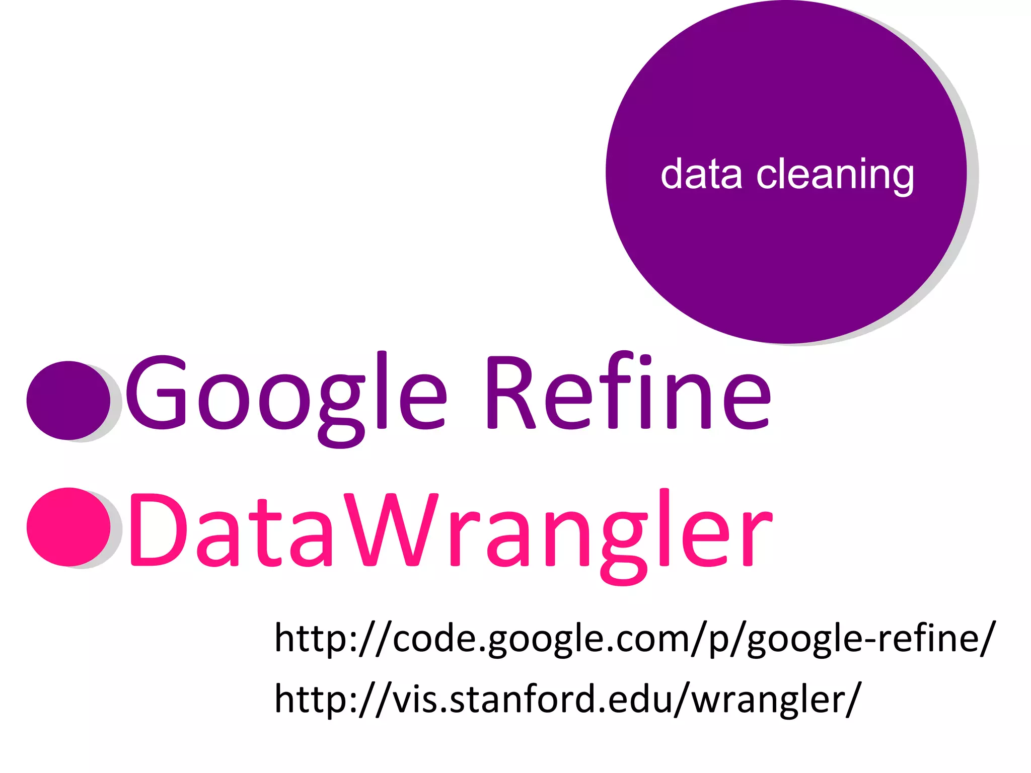 Google Refine DataWrangler http://code.google.com/p/google-refine/ http://vis.stanford.edu/wrangler/ data cleaning 