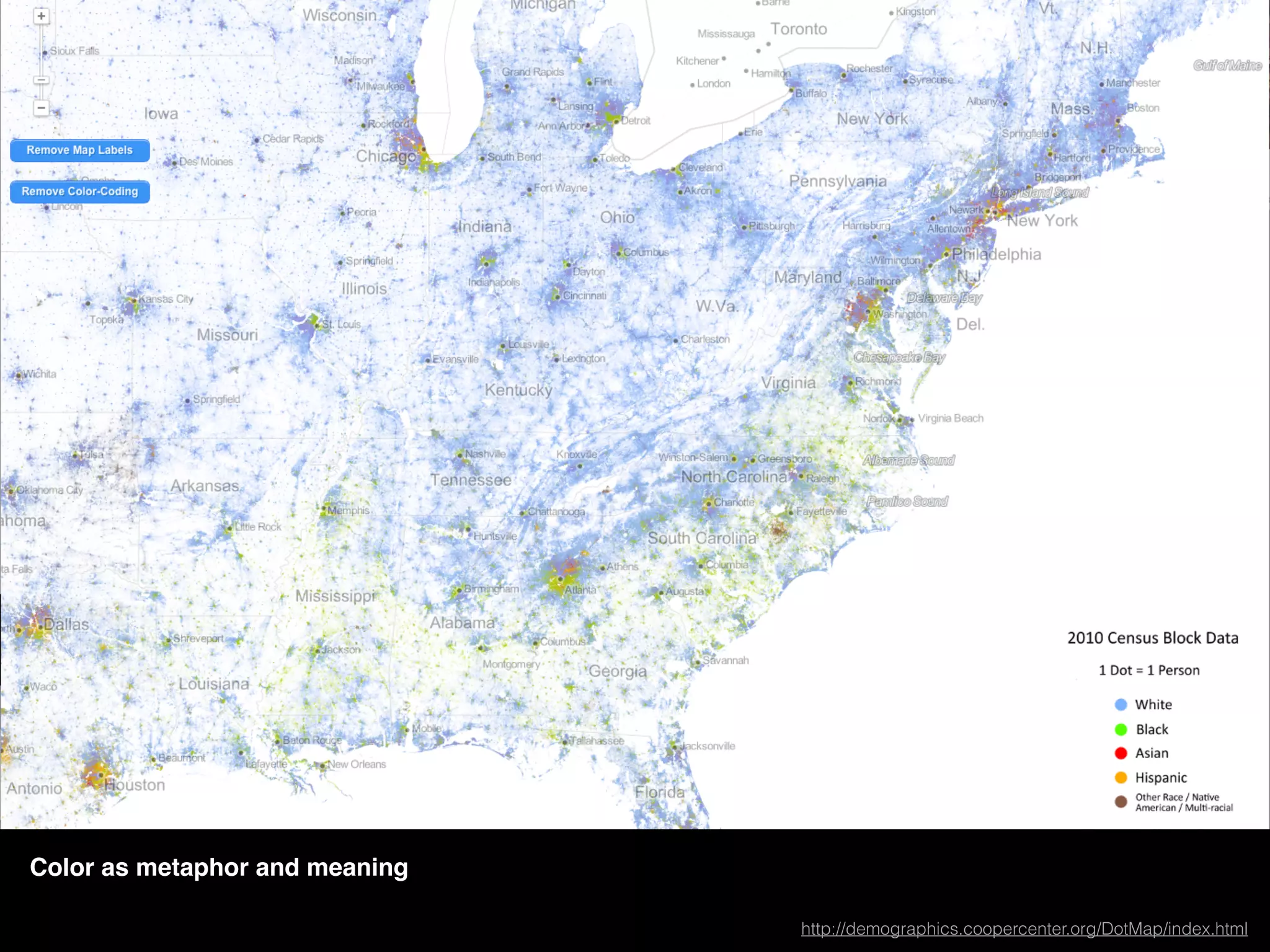 http://www.nytimes.com/newsgraphics/2014/01/05/poverty-map/
Color as metaphor and meaning
http://demographics.coopercenter.org/DotMap/index.html
 