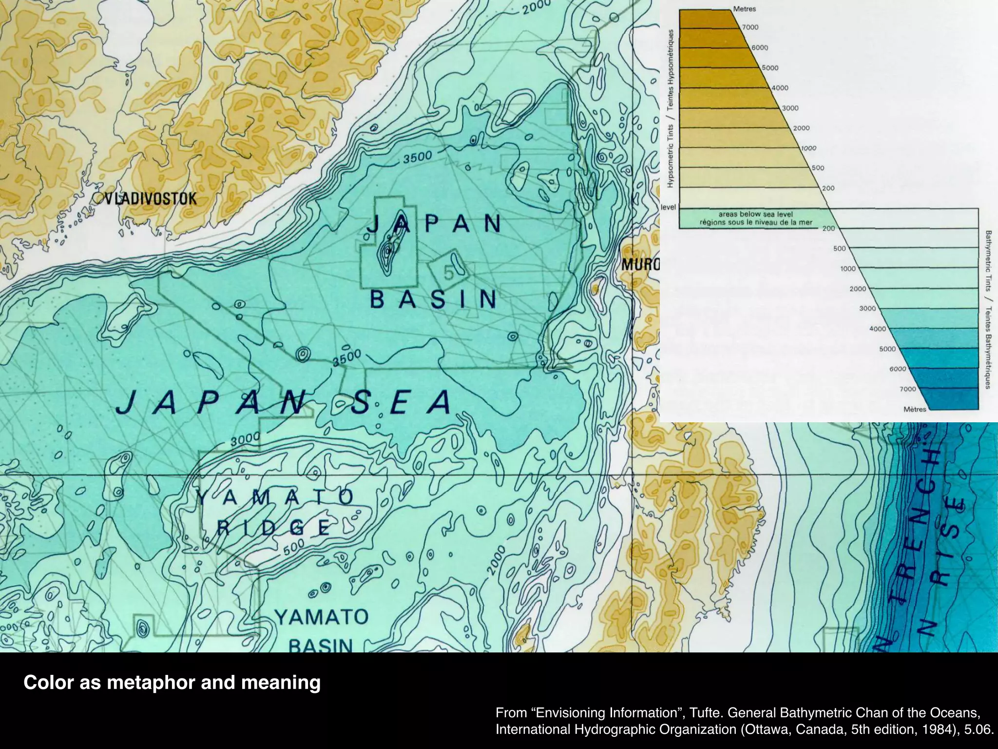 http://www.nytimes.com/newsgraphics/2014/01/05/poverty-map/
From “Envisioning Information”, Tufte. General Bathymetric Chan of the Oceans,
International Hydrographic Organization (Ottawa, Canada, 5th edition, 1984), 5.06.
Color as metaphor and meaning
 