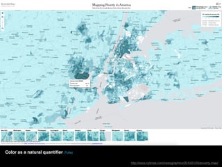 http://www.nytimes.com/newsgraphics/2014/01/05/poverty-map/
Color as a natural quantiﬁer (Tufte)
http://www.nytimes.com/newsgraphics/2014/01/05/poverty-map/
 