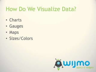 How Do We Visualize Data?<br />Charts<br />Gauges<br />Maps<br />Sizes/Colors<br />
