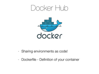 Docker Hub
- Sharing environments as code!
- Dockerﬁle - Deﬁnition of your container
 