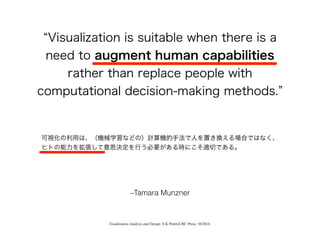 –Tamara Munzner
Visualization is suitable when there is a
need to augment human capabilities
rather than replace people with
computational decision-making methods.
Visualization Analysis and Design. A K Peters/CRC Press, 10/2014.
可視化の利用は、（機械学習などの）計算機的手法で人を置き換える場合ではなく、
ヒトの能力を拡張して意思決定を行う必要がある時にこそ適切である。
 