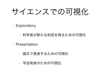 サイエンスでの可視化
• Exploratory
• 科学者が新たな知見を得るための可視化
• Presentation
• 論文で発表するための可視化
• 学会発表のための可視化
 