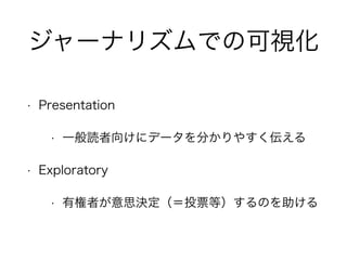 ジャーナリズムでの可視化
• Presentation
• 一般読者向けにデータを分かりやすく伝える
• Exploratory
• 有権者が意思決定（＝投票等）するのを助ける
 