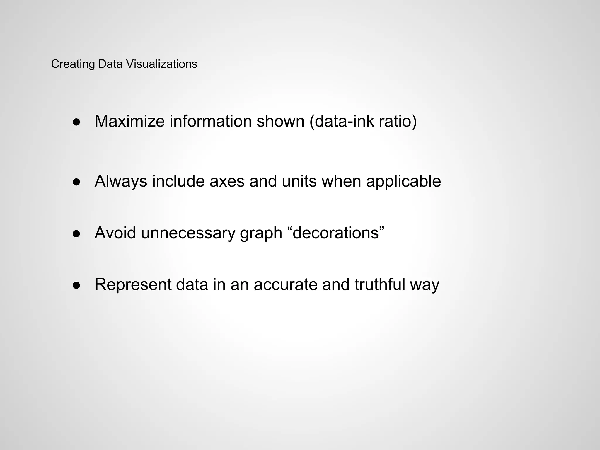 Creating Data Visualizations
● Maximize information shown (data-ink ratio)
● Always include axes and units when applicable
● Avoid unnecessary graph “decorations”
● Represent data in an accurate and truthful way
 