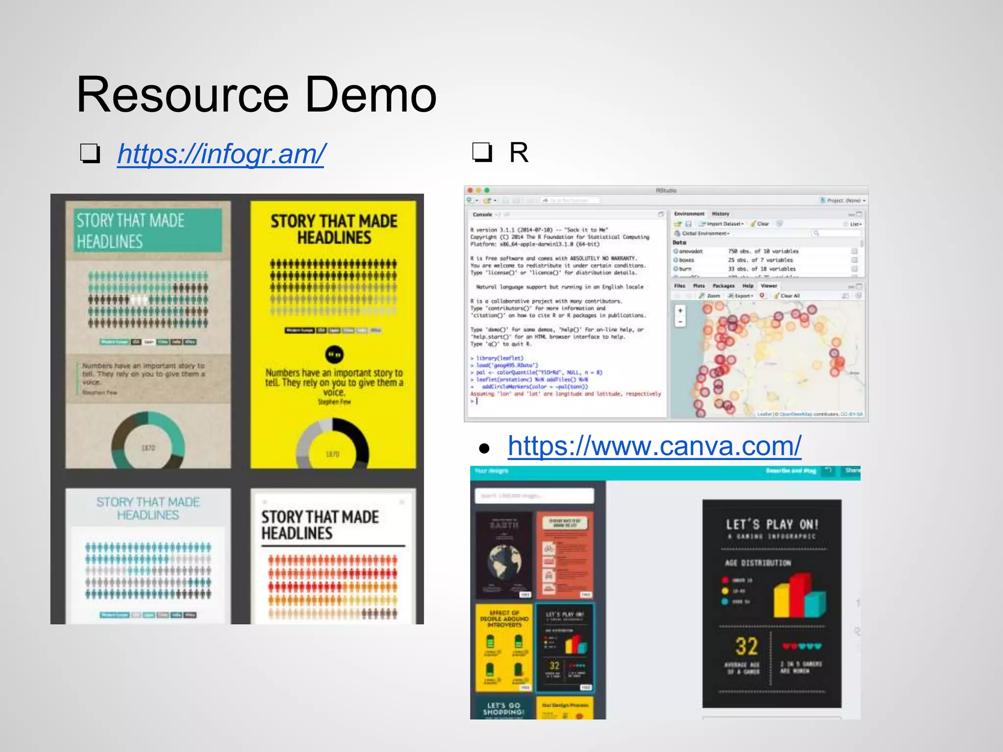 Resource Demo
● https://www.canva.com/
❏ https://infogr.am/ ❏ R
 