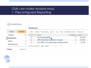 GUIs can make analysis easy:
1. Preconfigured Reporting
 