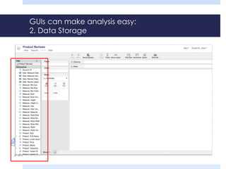 GUIs can make analysis easy:
2. Data Storage
 