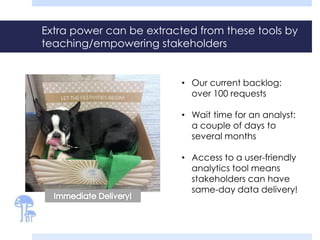 Extra power can be extracted from these tools by
teaching/empowering stakeholders
• Our current backlog:
over 100 requests
• Wait time for an analyst:
a couple of days to
several months
• Access to a user-friendly
analytics tool means
stakeholders can have
same-day data delivery!
 