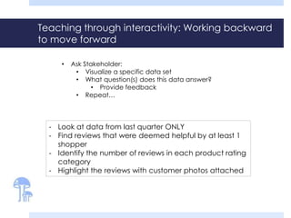 Teaching through interactivity: Working backward
to move forward
• Ask Stakeholder:
• Visualize a specific data set
• What question(s) does this data answer?
• Provide feedback
• Repeat…
- Look at data from last quarter ONLY
- Find reviews that were deemed helpful by at least 1
shopper
- Identify the number of reviews in each product rating
category
- Highlight the reviews with customer photos attached
 