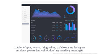 A lot of apps, reports, infographics, dashboards etc look great
but dont present data well & dont say anything meaningful
Source: http://line25.com/articles/25-visually-stunning-app-dashboard-design-concepts
 