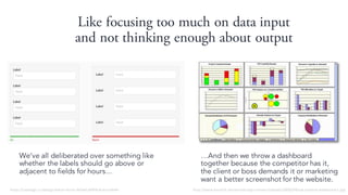 Like focusing too much on data input
and not thinking enough about output
Weve all deliberated over something like
whether the labels should go above or
adjacent to fields for hours...
And then we throw a dashboard
together because the competitor has it,
the client or boss demands it or marketing
want a better screenshot for the website.
https://uxdesign.cc/design-better-forms-96fadca0f49c#.wuctxle4h http://www.kaushik.net/avinash/wp-content/uploads/2008/04/sub-optimal-dashboard-1.jpg
 