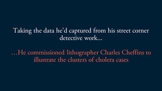 Taking the data hed captured from his street corner
detective work...
He commissioned lithographer Charles Cheffins to
illustrate the clusters of cholera cases
 