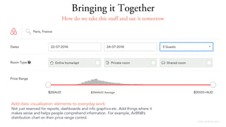 http://airbnb.com
Add data visualisation elements to everyday work
Not just reserved for reports, dashboards and info graphics etc. Add things where it
makes sense and helps people comprehend information. For example, AirBNBs
distribution chart on their price range control.
Bringing it Together
How do we take this stuff and use it tomorrow
 