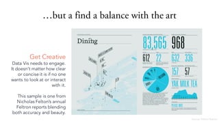 but a find a balance with the art
Get Creative
Data Vis needs to engage.
It doesnt matter how clear
or concise it is if no one
wants to look at or interact
with it.
This sample is one from
Nicholas Feltons annual
Feltron reports blending
both accuracy and beauty.
Source: Feltron Report
 