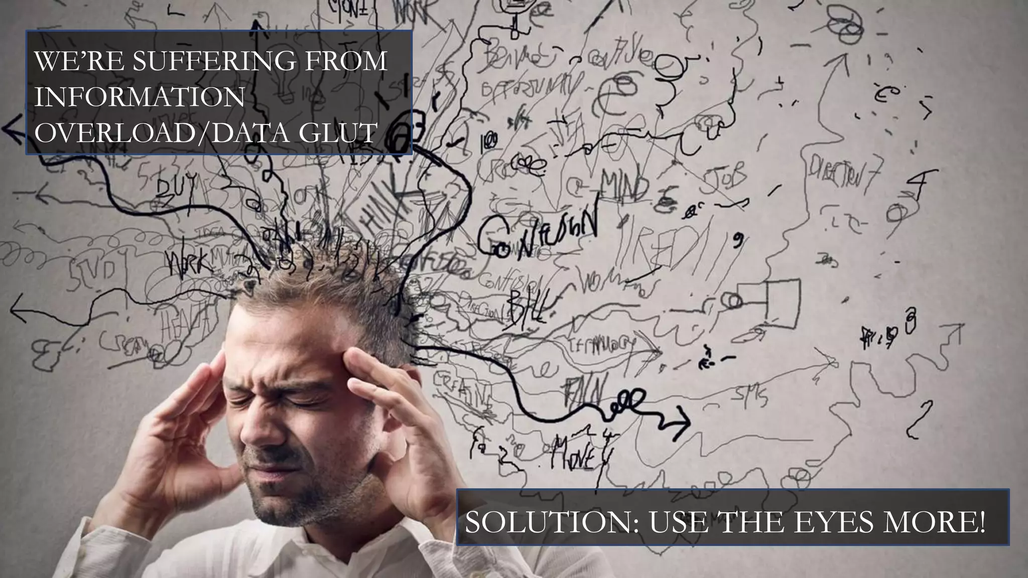WE’RE SUFFERING FROM
INFORMATION
OVERLOAD/DATA GLUT
SOLUTION: USE THE EYES MORE!
 